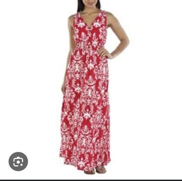 Merona Red White Print Maxi Dress 100% Cotton Sleeveless V Neck Sz 4 - Picture 3 of 11